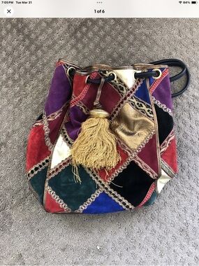 Vtg Saks Fifth Avenue Multicolor Patchwork Velvet & Metallic Drawstring Bag